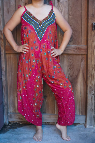 Red Peacock Boho Hippie Jumpsuit Rompers
