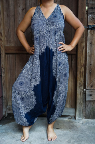 Blue Floral Boho Jumpsuit, Hippie Rompers
