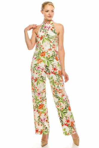 Floral Printed Mock Halter Wide Leg Jumpsuit