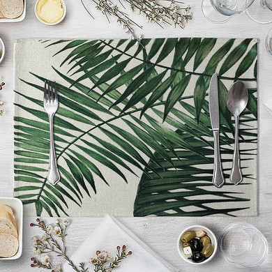 1 Pcs Placemat Table Mat Hand Painted Green Leaves Printed For Tables Heat-insulation Linen Kitchen Dining Pads