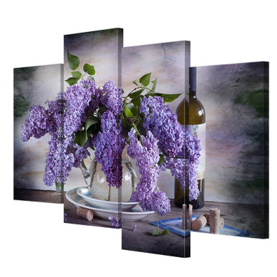 Modern 4 Pieces Canvas Art Wall Still Life Painting Lilac In Vase Wine Home Decor Wall Pictures Living Room
