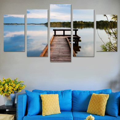 HD Printed 5 Piece Canvas Art Picture Living Room Decoration Lake Forest Wooden Bridge Wall