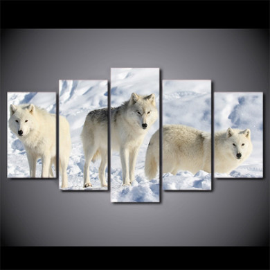 HD Printed 5 Piece Canvas Art White Wolves In Snow Painting Wall Pictures Living Room