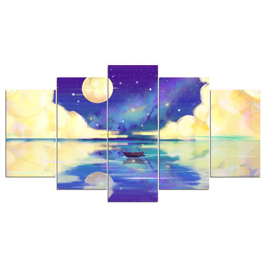 HD Print 5 Piece Canvas Art Moon Rising Above Sea Wall Pictures Living Room Poster