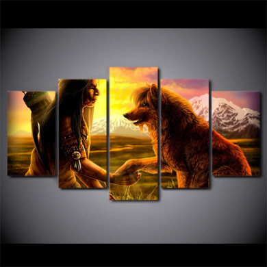 HD Printed 5 Pieces Canvas Art Abstract The Indian Native American Painting Modular Wolf Wall Pictures