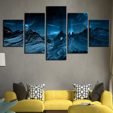 Canvas Painting Wall Art 5 Pieces Blue Aurora Borealis Snow Mountain Modern HD Printed Night Scene Pictures