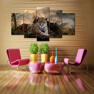 Modern HD Printed Paintings 5 Panel Animal Leopards Modular Posters Tableau Wall Art Pictures Canvas