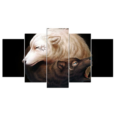 Yin and Yang by JoJoesArt HD Print 5 Piece Canvas Art 2 Wolves Painting-Poster Wall Pictures
