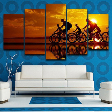 HD Prints Canvas Modular Wall Art Pictures 5 Pieces Bicycle Riding At Dusk Paintings