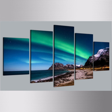 Modern Canvas Picture HD Printed Wall Art 5 Pieces Aurora Sand Beach Coast Night Scene Living Room