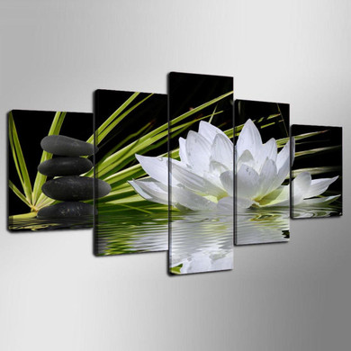 Pictures 5 Pieces White Lotus Flower Water Cobblestone HD Printed Canvas Paintings
