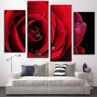 Canvas Wall Art Pictures Modern 4 Pieces Bright Red Rose Flower HD Printed Poster Painting