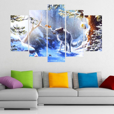 Wall HD Canvas Art Printed 5 Pieces Snow Forest Animal Squirrel Wolf Landscape Picture Painting