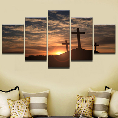 Modern Canvas Pictures Prints 5 Pieces Crosses At Sunset Paintings Mountain Cross Landscape Poster