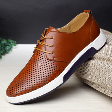 Summer Leather Breathable Lace-Up Men Flat Casual Shoes