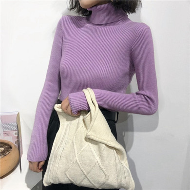 Winter Long Sleeve Turtleneck Women Slim Knitted Ribbed Pullover Sweater