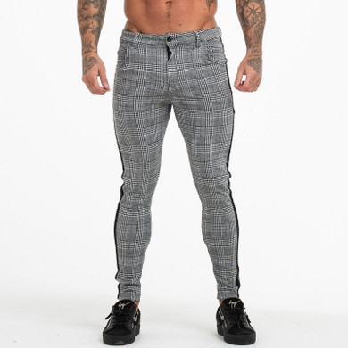 Grey Side Stripe Mid Waist Cotton Zipper Fly Men Casual Pencil Pant Trouser