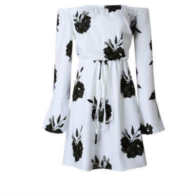 Casual Floral Print Loose Off the Shoulder Flare Sleeve Boho Women Mini Dress