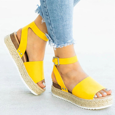 Summer PU Open Toe Buckle Strap Closure Women Basic Sandals Wedges