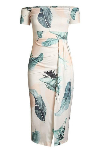 Floral Print Short Sleeve Off Shoulder Midi Bodycon Dresses
