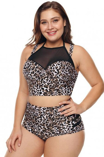 Leopard Print Plus Size Halter Push up Lattice Mesh Swim Bikini Set