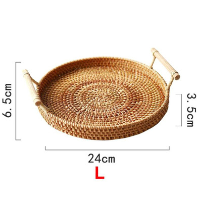 Rattan Storage Tray, Round Basket with Handle, Hand Woven, Rattan Tray