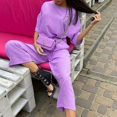 2 Piece Set Women Summer O Neck Short Sleeve Shirt and Drawstring Wide