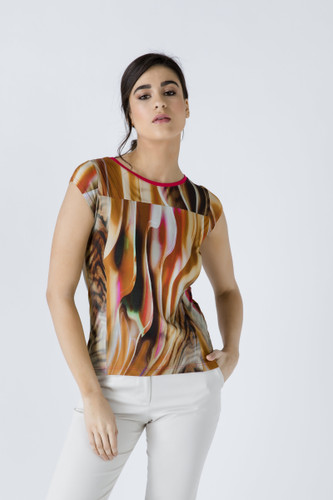 Print Cap Sleeve Top with Trim Detail