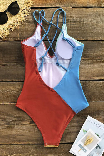 COLORBLOCKED V-NECK ONE PIECE SWIMSUIT