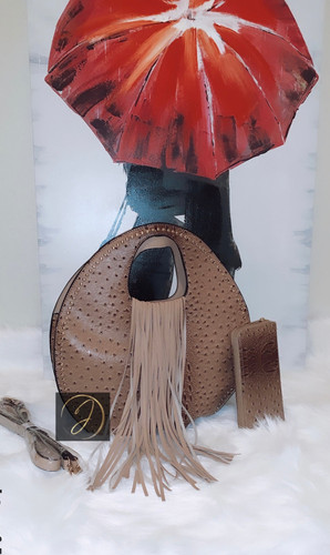 Large Ostrich Print Fringe Bag Set