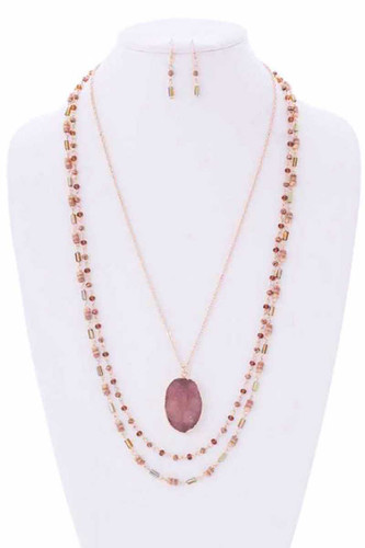 Drusy Stone N Bead 3 Layered Necklace