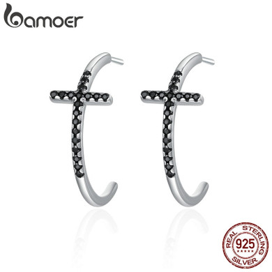 BAMOER Popular 100% 925 Sterling Silver Classic Cross Black CZ Drop Earrings for Women Sterling Silver Jewelry Brincos SCE262 BAMOER Popular 100% 925 Sterling Silver Classic Cross Black CZ Drop Earrings for Women Sterling Silver Jewelry Brincos SCE262