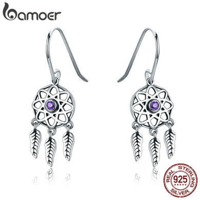 BAMOER Genuine 100% 925 Sterling Silver Dream Catcher Holder Drop Earrings for Women Sterling Silver Jewelry Gift SCE394 BAMOER Genuine 100% 925 Sterling Silver Dream Catcher Holder Drop Earrings for Women Sterling Silver Jewelry Gift SCE394