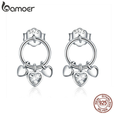BAMOER Romantic Genuine 925 Sterling Silver Heart to Heart Stud Earrings for Women Clear CZ Sterling Silver Jewelry Gift SCE494 BAMOER Romantic Genuine 925 Sterling Silver Heart to Heart Stud Earrings for Women Clear CZ Sterling Silver Jewelry Gift SCE494