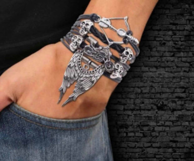 skull wings biker stacked bracelet