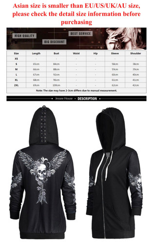 Long Sleeve Skull Wings Zip Up Hoodies