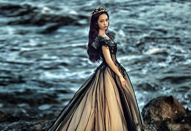 Gothic Black and Champagne Beach Wedding Dress Bridal Gown