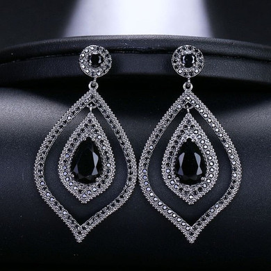 Shiny Leaf Shaped Cubic Zirconia Crystal Long Dangle Drop Pageant Earrings