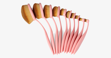 Pink Oval Makeup Brush Kit - Made of Synthetic Hair - Animal-Cruelty Free, 10 Pieces
