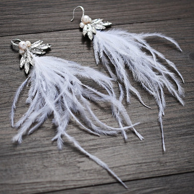 Handmade White Feather Bridal Headband with Earrings Wedding Hair Crown
