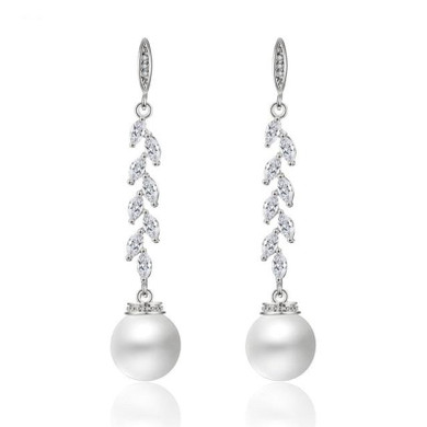 Cubic Zirconia Crystal Leaf Long Drop Earrings With Imitation Pearls