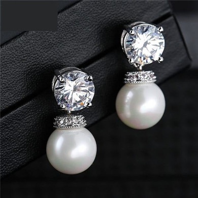 Fashion Round Simulated Pearl & Zirconia Long Drop Earrings Bridal Wedding Jewelry