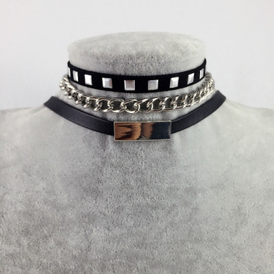 Black Leather 1977Punk Style Rivet Collar Choker Necklace