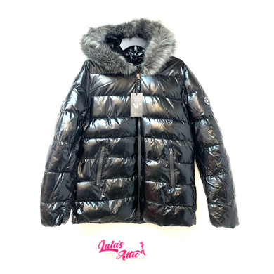 White Mark Metallic Black Puffer Coat With Hoodie