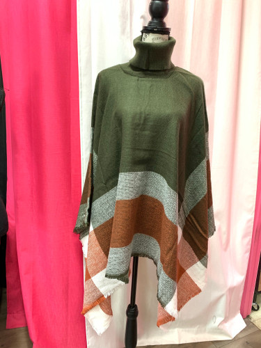 Plaid Turtle Neck Sweater Poncho-Olive