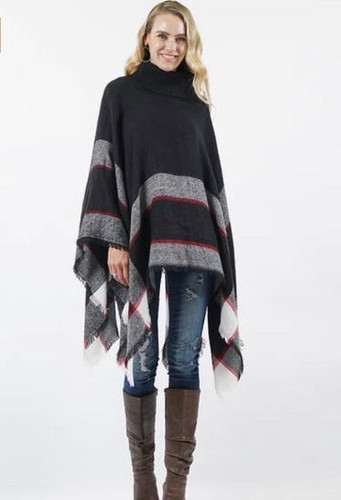 Plaid Turtleneck Sweater Poncho-Black/Red