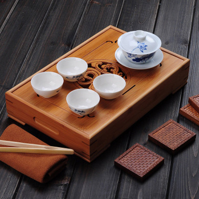 Japanese Bamboo Tea Serving Tray with Storage