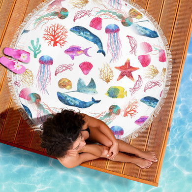 Watercolor Ocean Beach Blanket with Whales Fish Starfish and Jellyfish