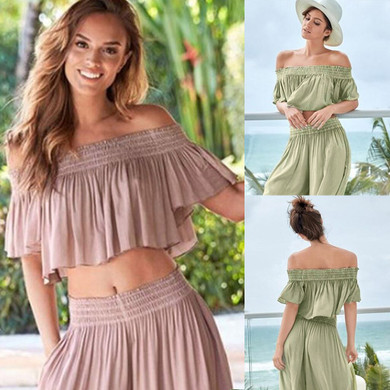 Womens Elastic Off Shoulder Ruffles