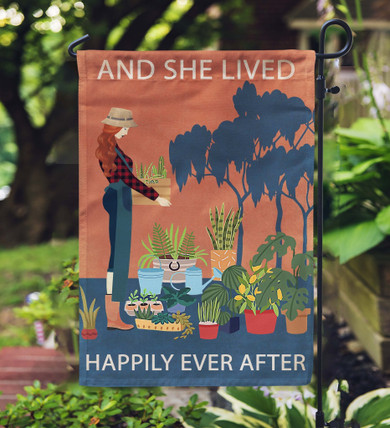 Vintage Lived Happily Gardening Red Head Garden Flag